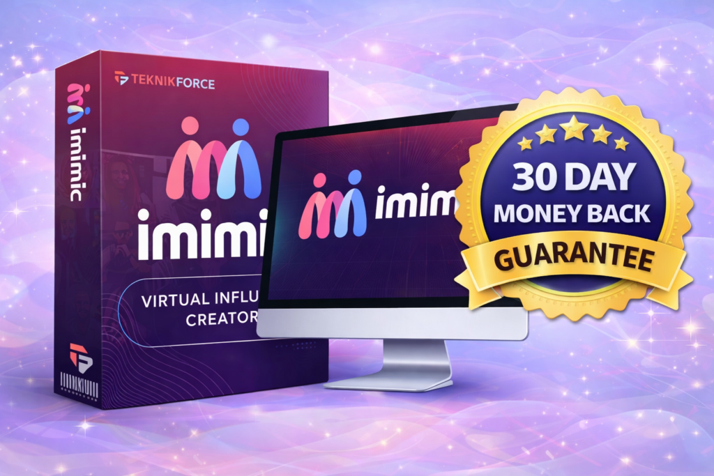 iMimic virtual influencer creator product box and dashboard with 30 day money back guarantee badge