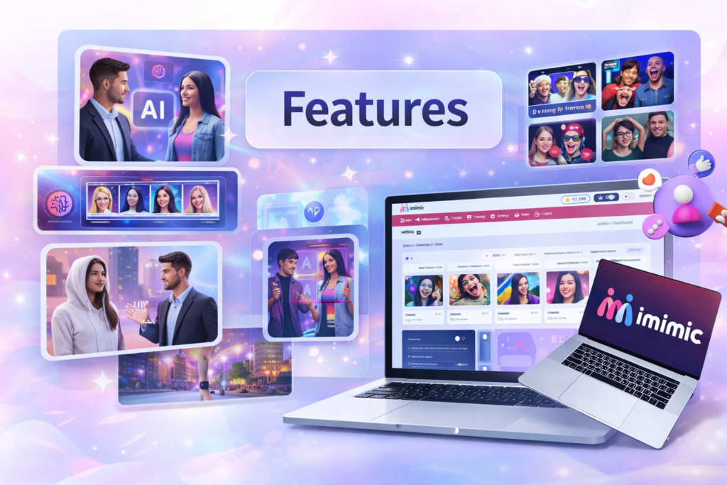 iMimic AI virtual influencer features overview showing influencer creation dashboard, multi-format content generation, and social media integration