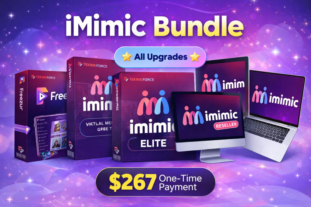 iMimic all-inclusive bundle showing Elite, Pro, Reseller, Freezur Pro, and Mighty Memes upgrades with $267 one-time payment offer