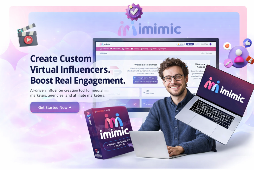 iMimic AI virtual influencer creator dashboard with product box and laptop showcasing influencer creation platform
